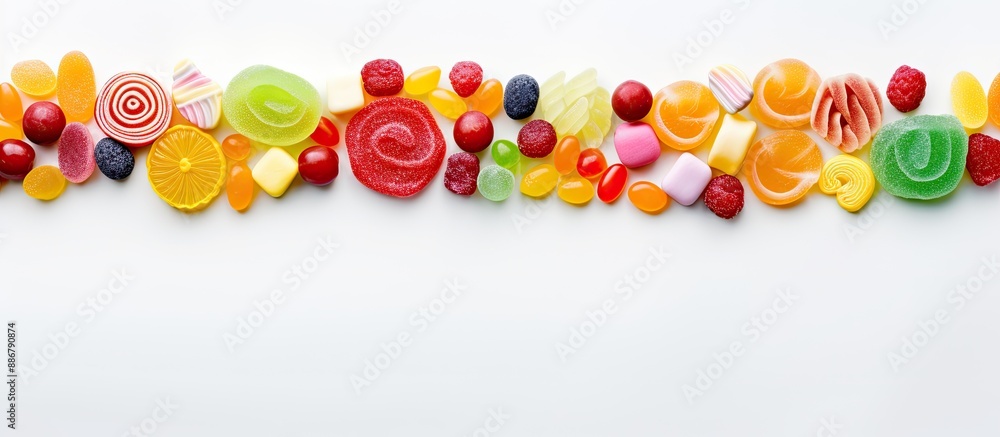 Poster Various types and flavors of candies up close on a white background with copy space image.