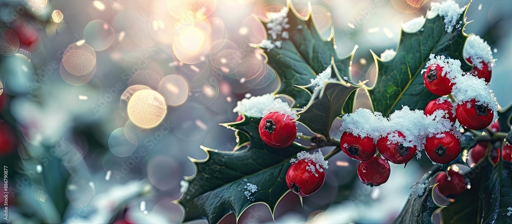 Aufkleber snow-covered holly branch in a garden setting, creating a festive christmas background with ample co