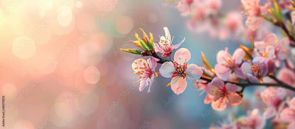 Poster pink almond blossoms blooming in spring with a blurred background ideal for a copy space image.