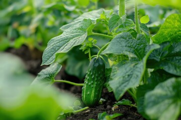 Green cucumber plant grows in garden with blurred outdoor setting. Single stem supports two leaves, surrounded by natural environment. Perfect shot for food, eco, and nature enthusiasts.