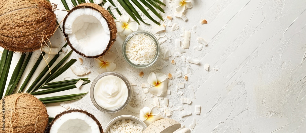 Poster Flat lay composition of coconut spa products on a white background with copy space image, highlighting natural spa cosmetics and organic treatments.