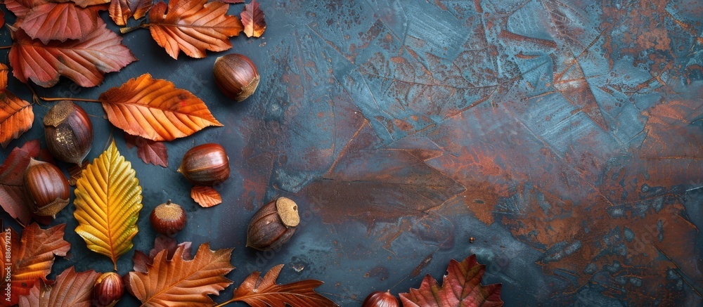 Aufkleber Autumn background with full-frame flat lay featuring chestnut leaves creating a beautiful display with copy space image.