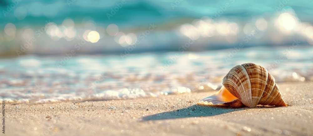 Poster seashell on the sandy shore with copy space image available.