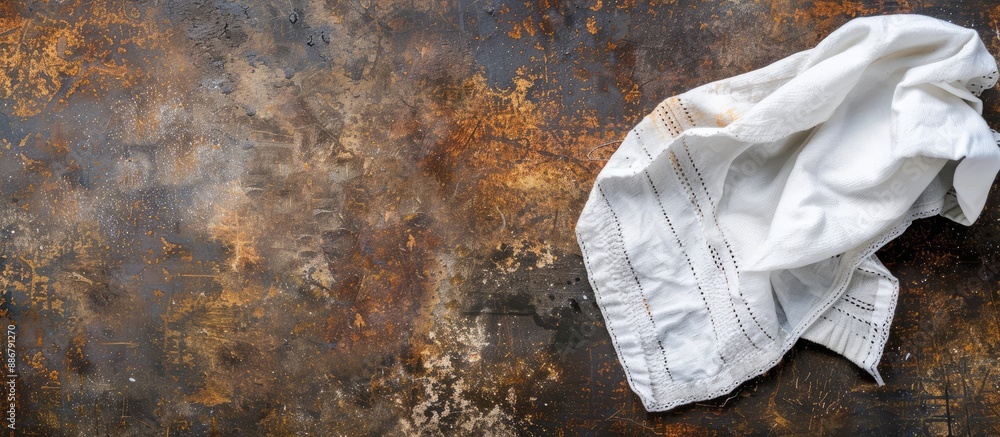 Poster top view of a kitchen table with a rusty surface and a white towel, ideal for a copy space image.
