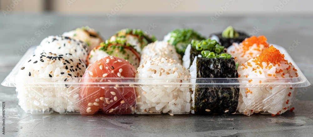 Aufkleber Japanese Onigiri set displayed in a transparent plastic container with a blank space for additional images.