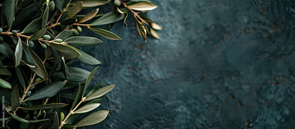 Aufkleber close-up olive branch with copy space image on a dark backdrop.