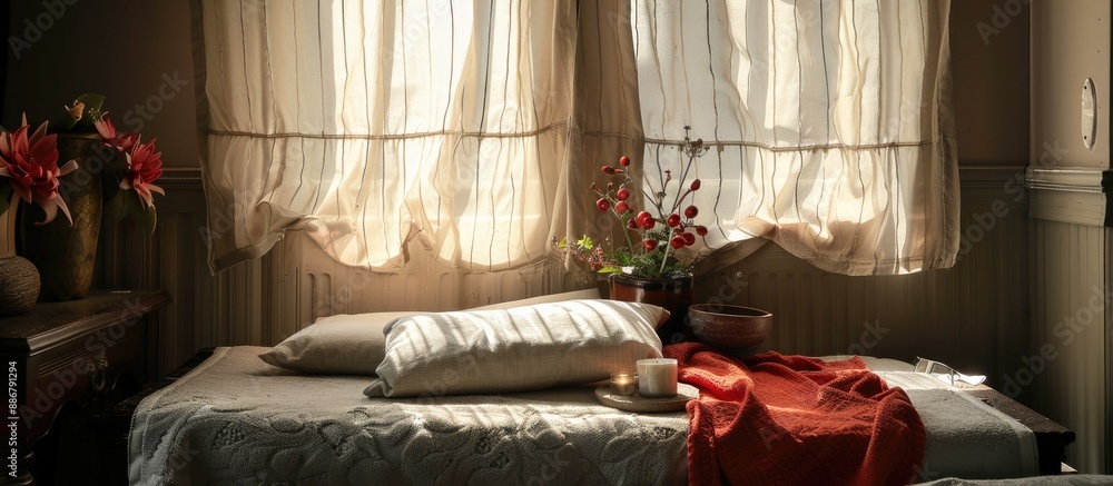 Poster The treatment table is adorned with pillows and towels, creating a serene atmosphere with the potential for a copy space image.