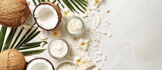 Fototapeta premium Flat lay composition of coconut spa products on a white background with copy space image, highlighting natural spa cosmetics and organic treatments.