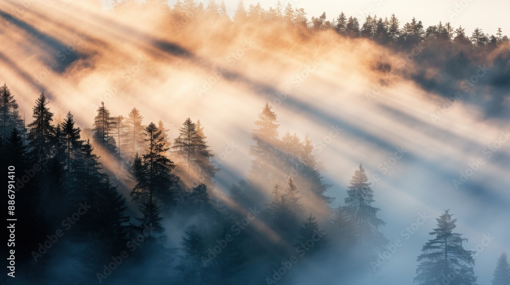 Poster sun rays piercing through the mist in a dense pine forest, casting an ethereal glow and creating a s