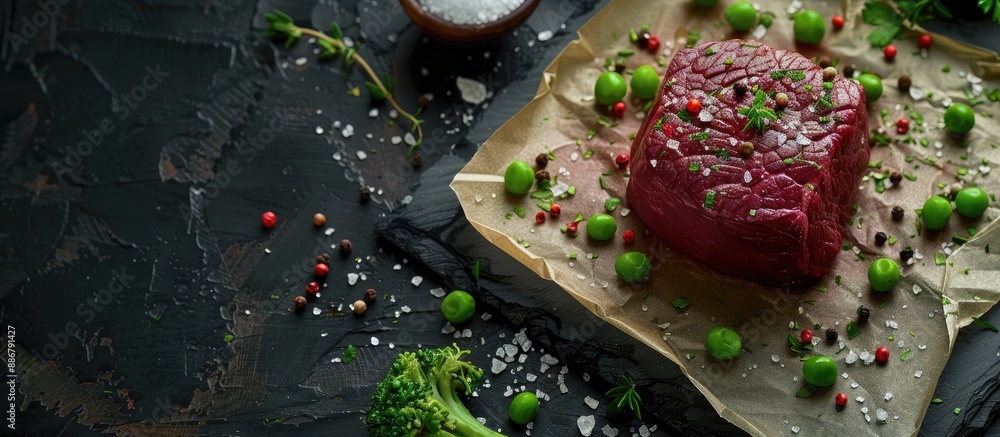 Aufkleber a beef tenderloin on parchment is showcased on a dark stone backdrop with scattered salt, pepper, an