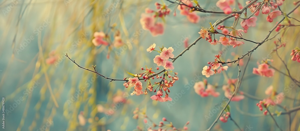Poster pink sakura flowers and willow branches against a natural backdrop make for a beautifully serene cop
