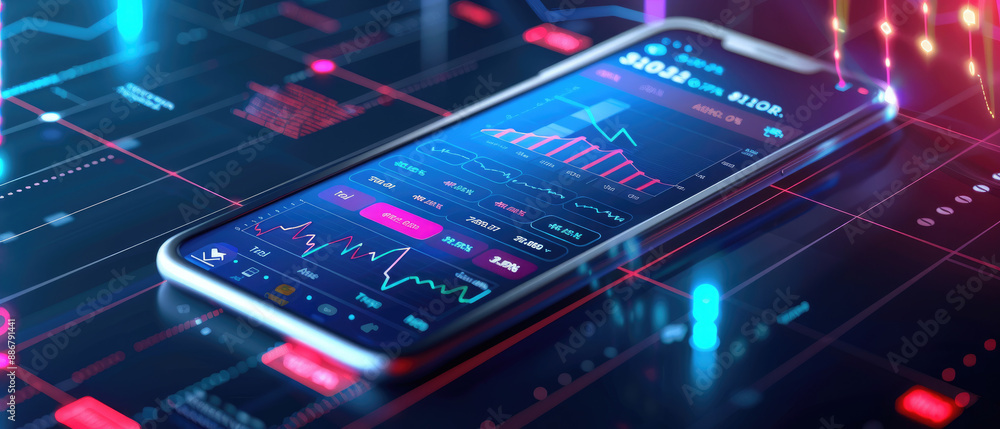 Poster flat design illustration of mobile investment tools for stock trading app. colorful and modern visua