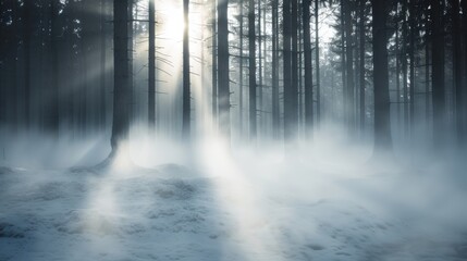 Obraz premium Winter forest scene with bright sunlight streaming through the dense fog, casting mystical rays among snow-covered trees, creating a serene and enchanting atmosphere.