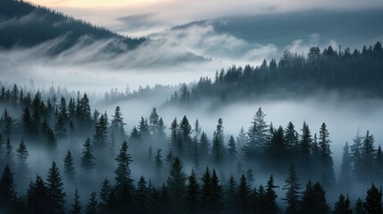 A mist-covered forest with tall, evergreen trees and rolling mountains in the background, creating a serene and breathtaking natural landscape at dawn.