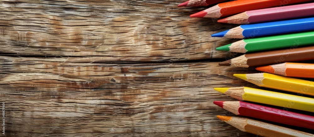 Poster top view of color pencils arranged neatly on a wooden table with copy space image.