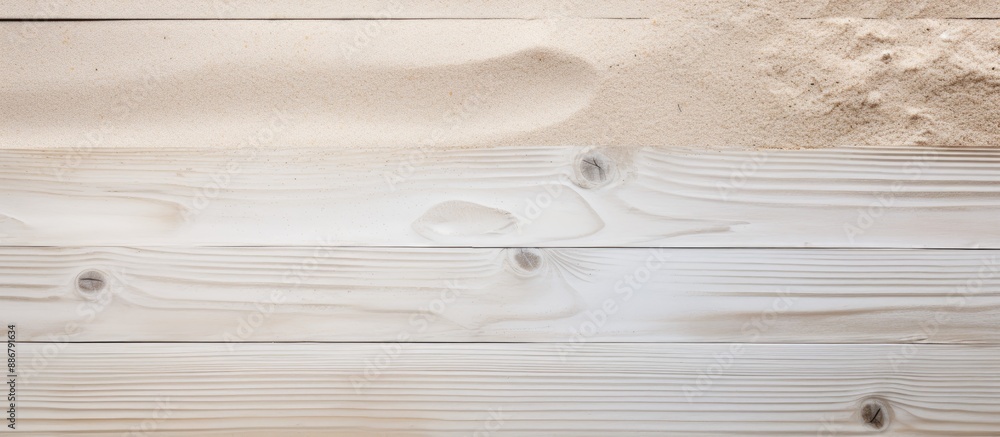 Poster white planked wood covered in sand, serving as a summer background for a flat lay photo with a top v