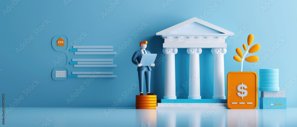 Poster flat design illustration of digital banking mobile app for investments. modern concept with user int