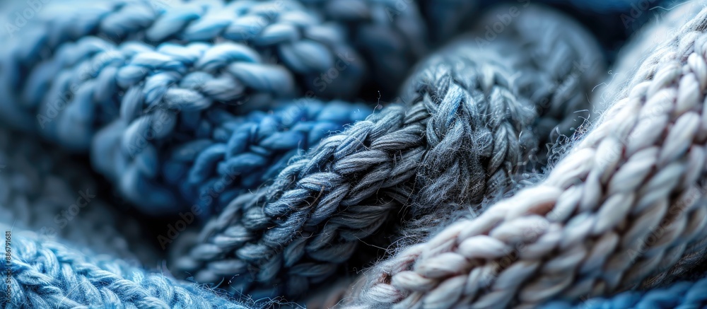 Poster close-up of soft, knitted wool textures in blue and gray, ideal for men's winter fashion. textile ba