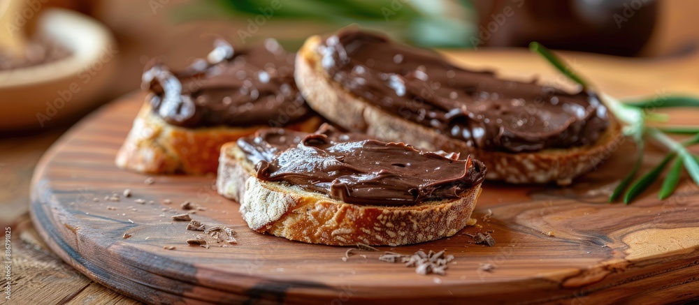 Poster ciabatta slices topped with chocolate spread on an olive wood board with a blurred background for a 