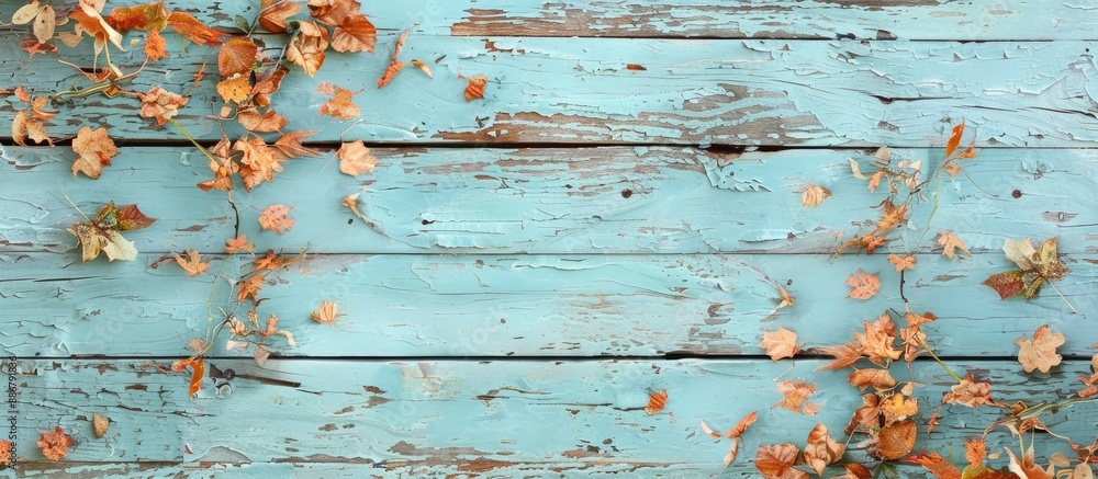 Poster aqua blue distressed wood with autumn decor and leaves for social media and web banners with autumn-