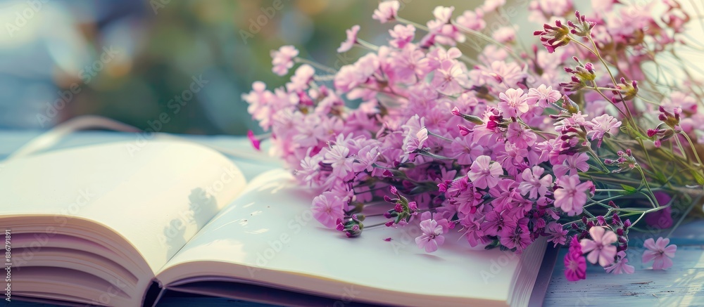 Poster a notebook is open next to a lovely bouquet of statice flowers, providing a clear area for a copy sp