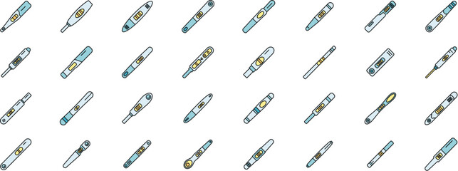 Pregnancy test icons set outline vector. Kit baby. Child birth thin line color flat on white