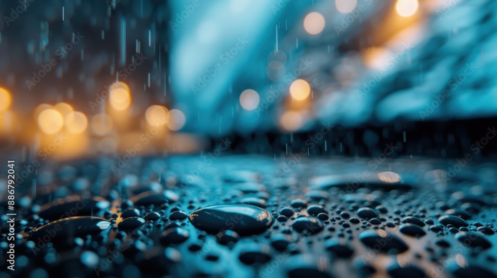 Poster focused shot of raindrops hitting a surface with beautiful bokeh light effects in the background, cr