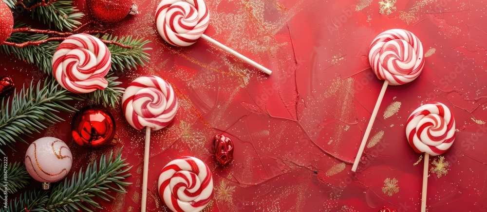 Poster christmas-themed background with lollipops, a spruce branch, and ample copy space image for a festiv