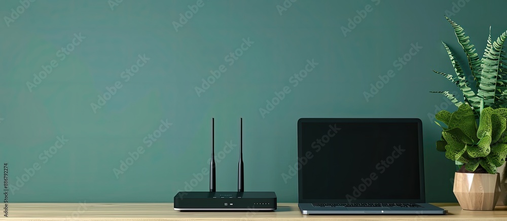 Aufkleber contemporary wi-fi router placed beside a laptop on a table near a green wall in an office with copy