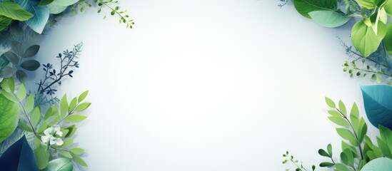 Fototapeta premium An artistic composition with green leaves, wild plants on a blue and white circular border with copy space image, representing summer, spring, or ecology themes.