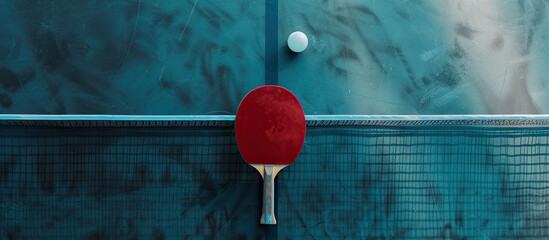 Generic table tennis racket and ball on the table's surface viewed from above through the net with copy space image.