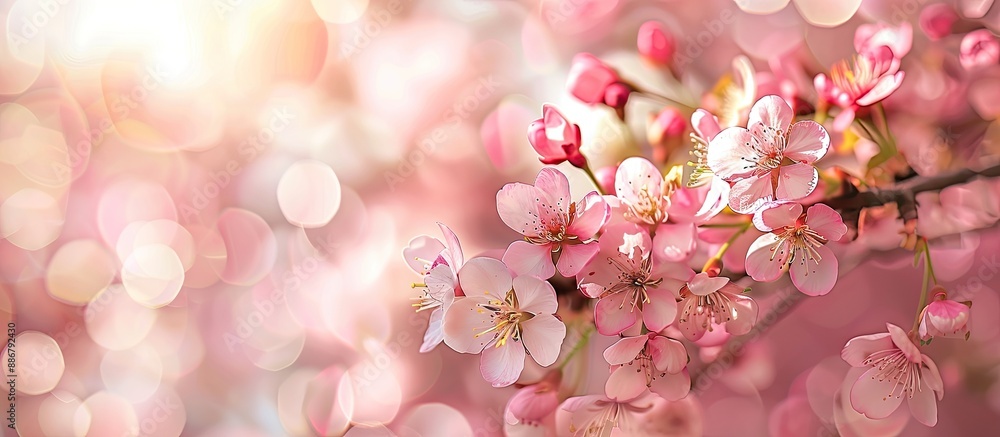 Poster Close-up of blooming pink and white cherry blossoms on a Japanese cherry tree in spring, with a shallow depth of field creating a scenic copy space image.
