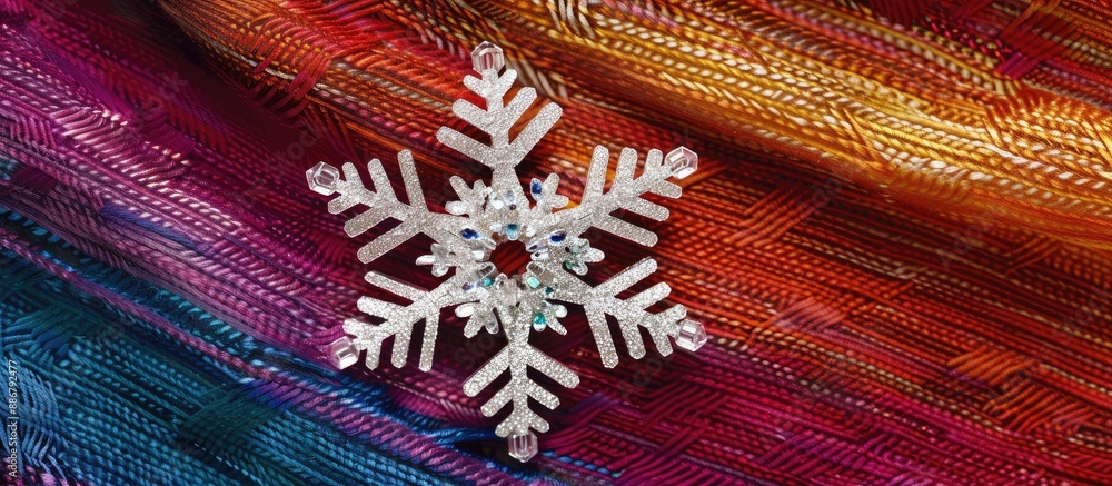 Poster snowflake winter ornament viewed from above on a colorful backdrop, conveying a happy new year theme