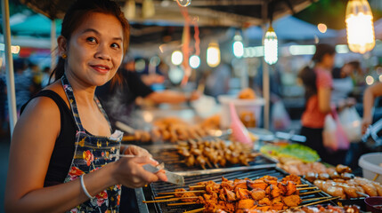 A woman sampling street food at a lively outdoor market, her expression one of pure enjoyment. Shallow depth of field, blurred background
