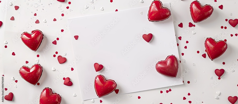 Poster valentine's day-themed flat lay on a white backdrop with red heart-shaped sweets, confetti, and an e