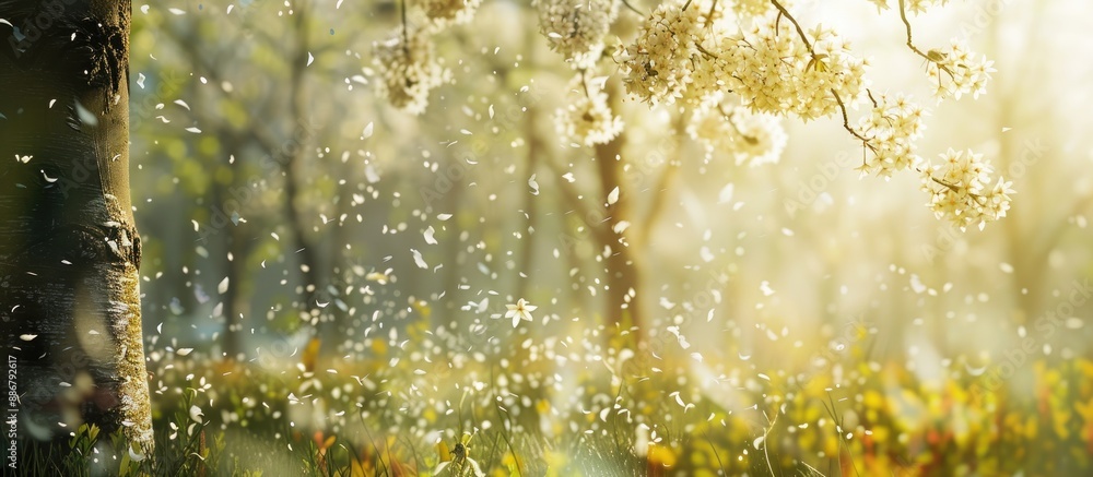 Poster in a windy spring forest, a bird cherry tree blooms, creating a picturesque scene with a copy space 