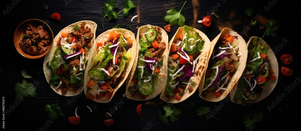 Poster top-down view of tortillas filled with assorted vegetables and beef, suitable for tacos or burritos,