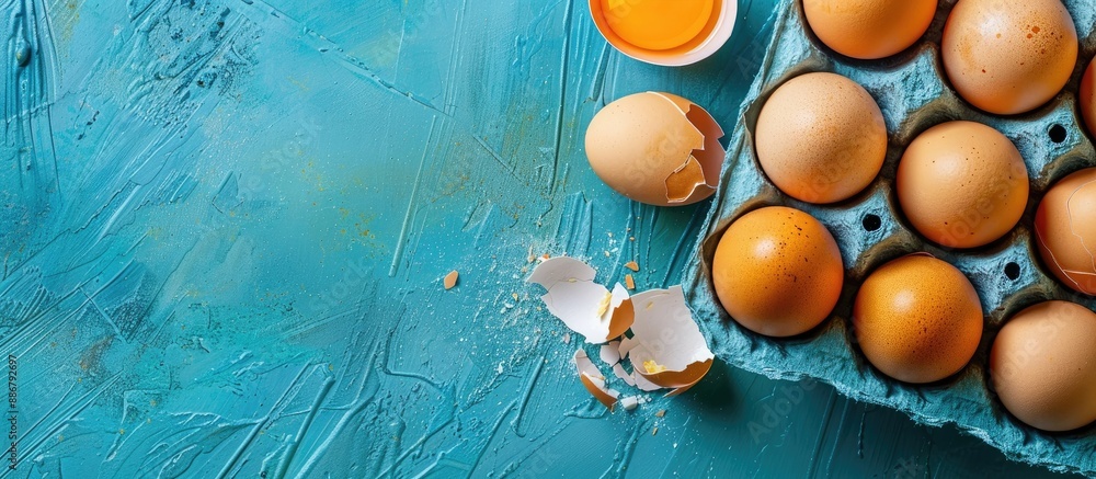 Poster top view of broken chicken egg next to whole eggs in a blue tray with copy space image.