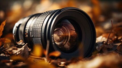 Close-up, tele camera lens, blur, autumn background Free space for copying