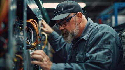 A man in a blue jacket and hat is working on a machine