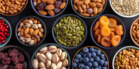 Variety of nuts and dried fruits forming a colorful healthy background