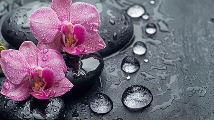 Pink Orchids and Water Drops on Black Stones