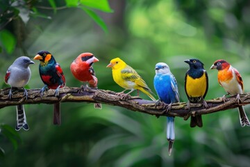 Obraz premium Colorful birds perched on the same branch