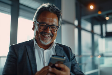 A close-up of a smiling, mature businessman, either Latin or Indian, using a smartphone in his office for digital business solutions.