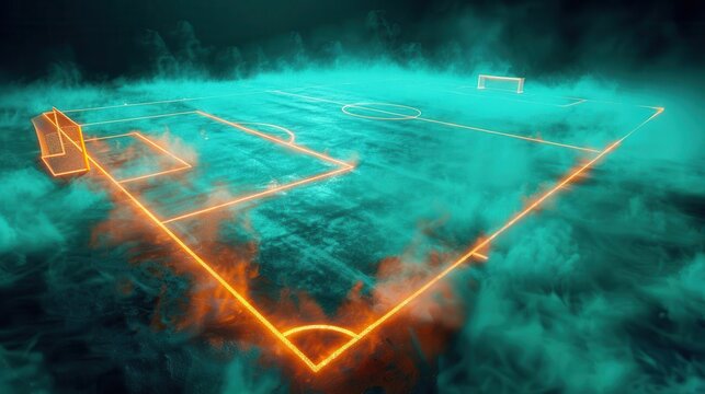 textured soccer game field in neon smoke  center, midfield Stock Photo
