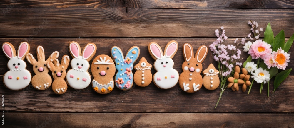Poster top down view showing easter themed gingerbread cookies, rabbits, and eggs on a rustic wooden surfac