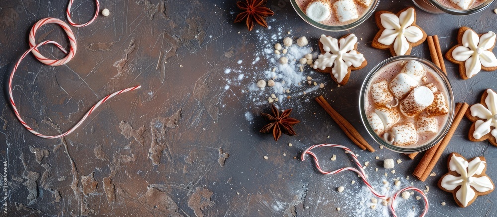 Aufkleber Christmas cocktail with marshmallow and gingerbread cookies on a stone table in a flat lay image from above with copy space.