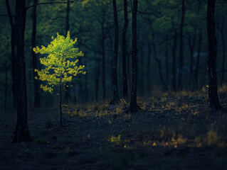 A minimalist black silhouette of a forest with one tree colored green, highlighting deforestation and the need for conservation