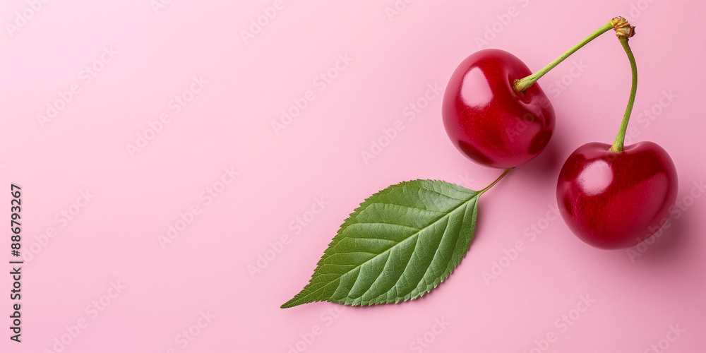Poster two ripe red cherries with stem and leaf lying on pink background