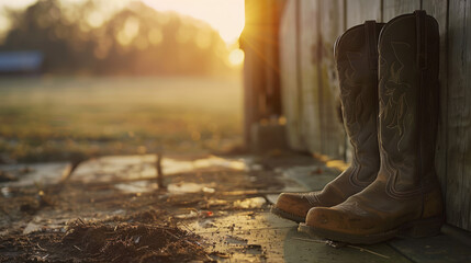 A close-up of farm boots outside a barn door, with a soft focus inside the barn